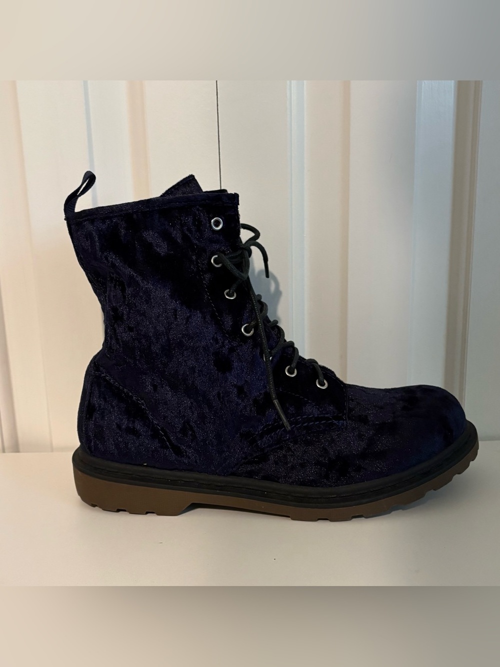 ARIZONA, Crushed Velvet Lace-Up Combat Boots in Deep Navy - Picture 3 of 8